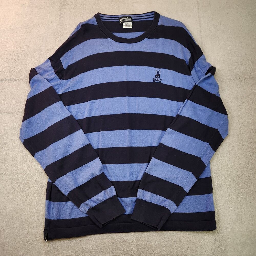 Psycho Bunny Sweater Mens 3XL Blue Striped Crew Pullover Pima Cotton Long Sleeve